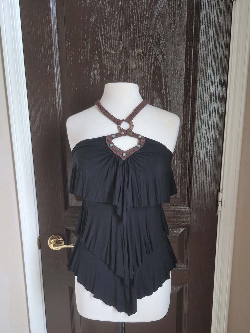 Soul Revival Black Tiered Halter Camisole with Leather Braided Neck & Jeweled